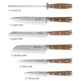BGT Japanese 67 Layer High Grade VG-10 Super Damascus Steel Knives, Sharp, Teak Handle Professional Hammered Kitchen Knife Set with Knife Roll Bag 6Pcs Set (Silver Blade) (2)