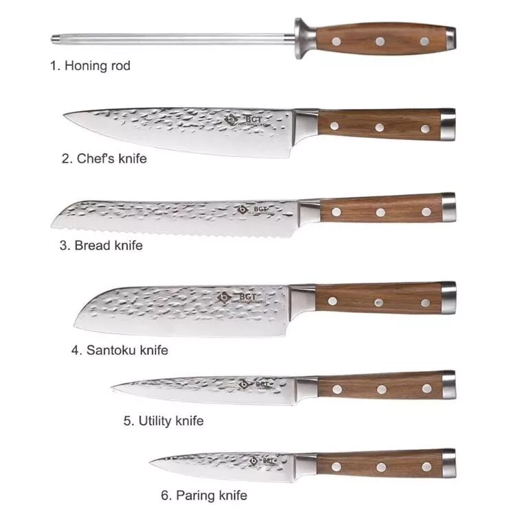 BGT Japanese 67 Layer High Grade VG-10 Super Damascus Steel Knives, Sharp, Teak Handle Professional Hammered Kitchen Knife Set with Knife Roll Bag 6Pcs Set (Silver Blade) (2)