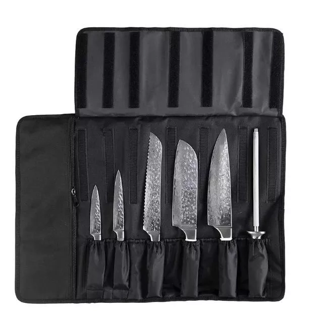 BGT Japanese 67 Layer High Grade VG-10 Super Damascus Steel Knives, Sharp, Teak Handle Professional Hammered Kitchen Knife Set with Knife Roll Bag 6Pcs Set (Silver Blade) (3)