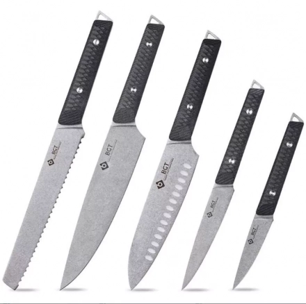 BGT Kitchen Knife Set, 5pcs Professional Chef Knife Set with Bag, Stonewashed Swedish Sandvik 12C27 Steel Kitchen Knife Set with G10 Handle BGT Kitchen Knife Set, 5pcs Professional Chef Knife Set with Bag, Stonewashed Swedish Sandvik 12C27 Steel Kitchen Knife Set with G10 Handle