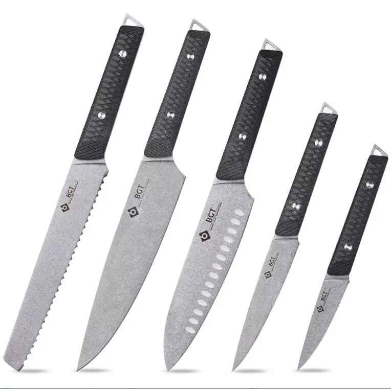 BGT Kitchen Knife Set, 5pcs Professional Chef Knife Set with Bag, Stonewashed Swedish Sandvik 12C27 Steel Kitchen Knife Set with G10 Handle BGT Kitchen Knife Set, 5pcs Professional Chef Knife Set with Bag, Stonewashed Swedish Sandvik 12C27 Steel Kitchen Knife Set with G10 Handle